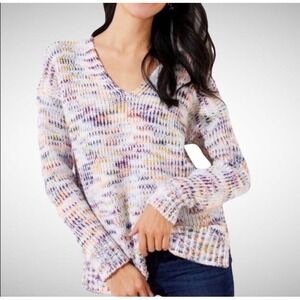 Loft Spacedye Knit Sweater 24 26 Boho Colorful V Neck Pullover Casual Cozy Boho